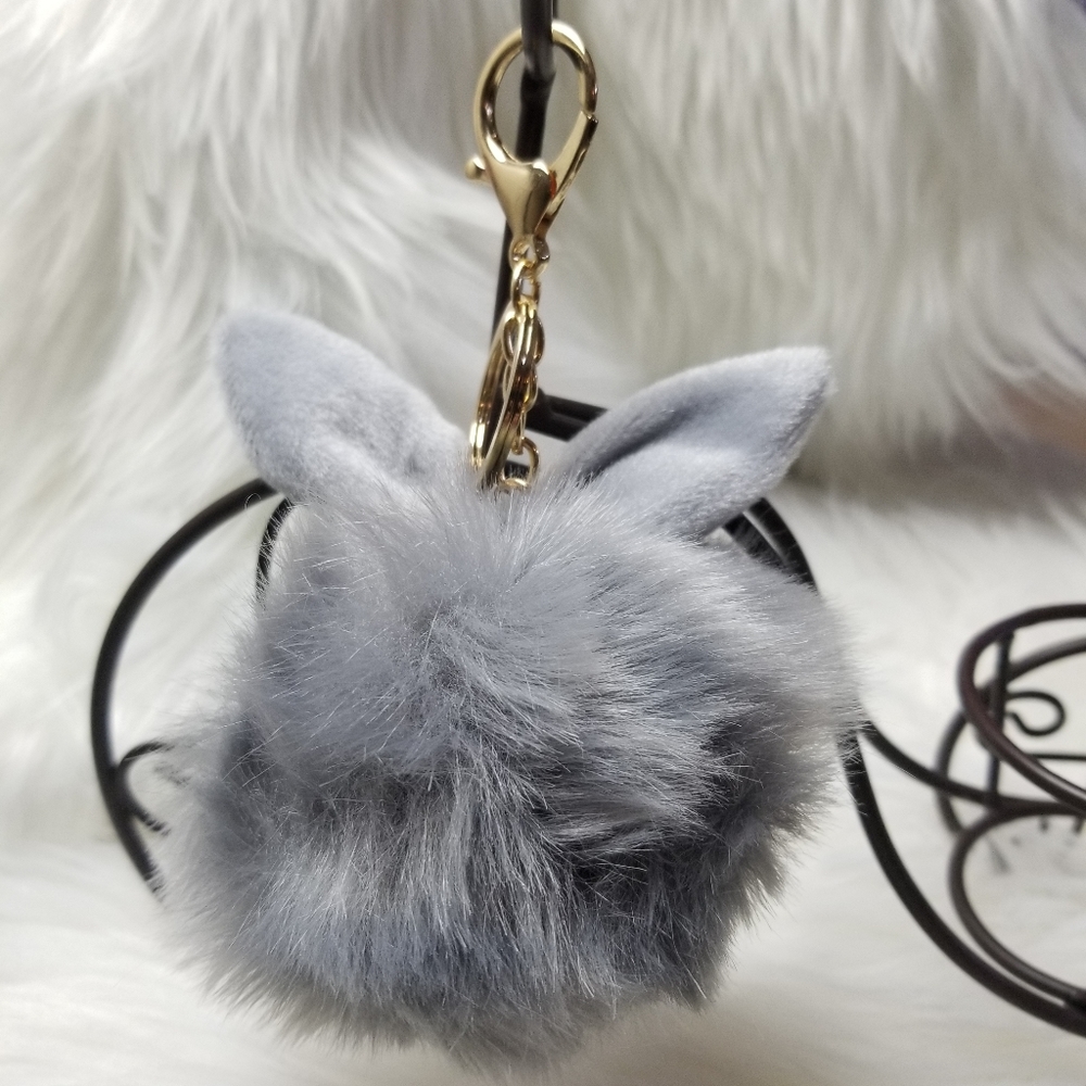 Bunny ears grey faux fur rabit  keychain